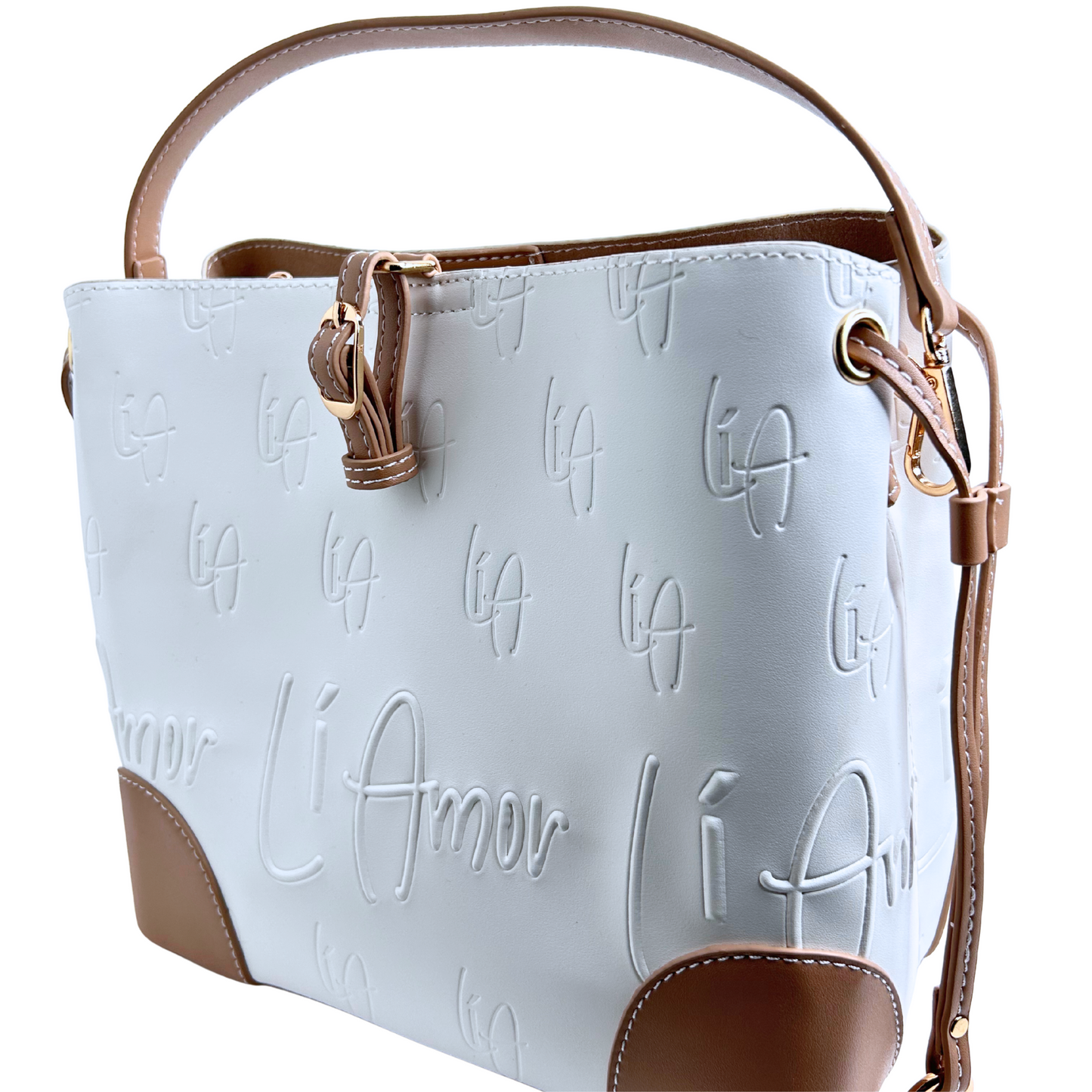 Li Amor white and mocha bucket bag.