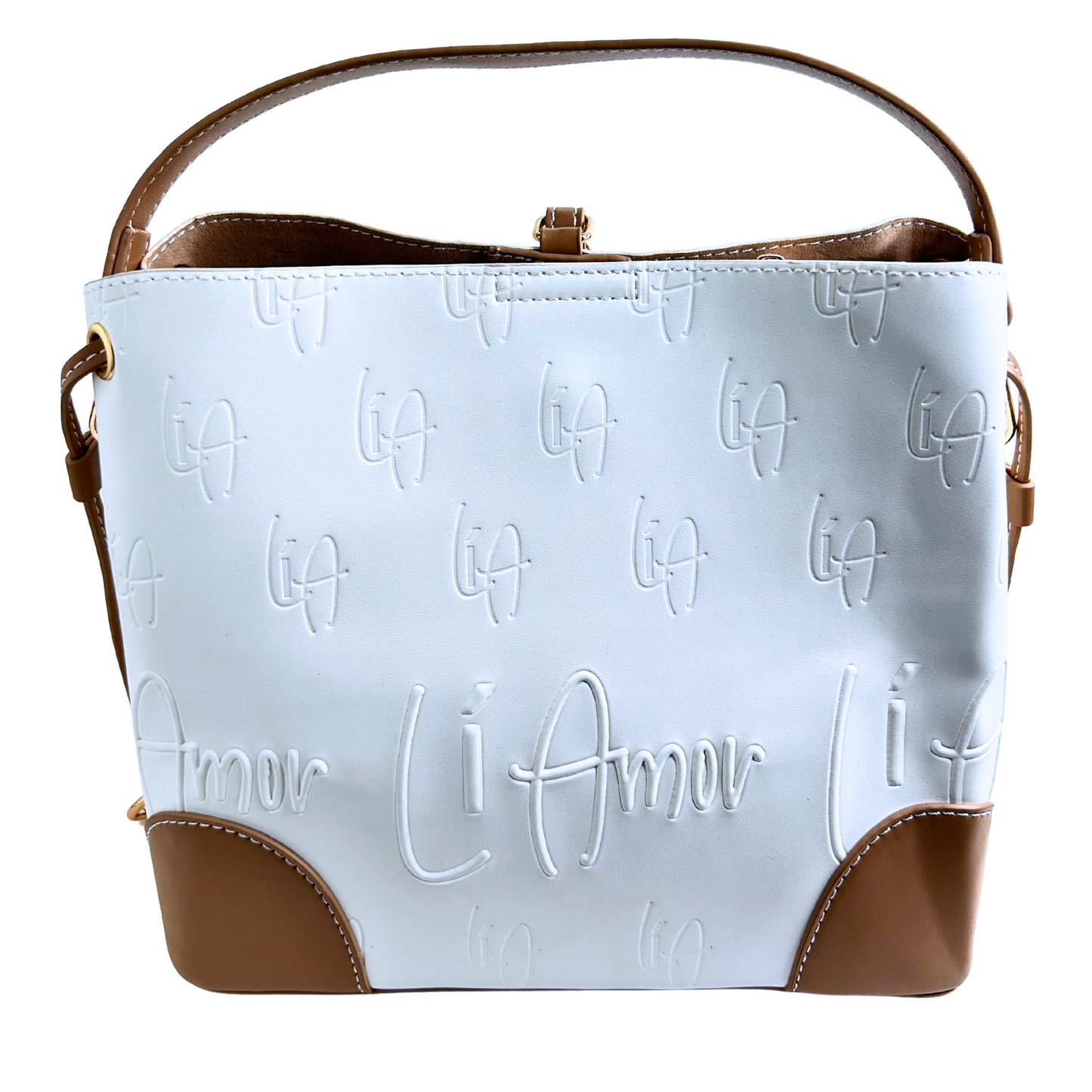 Li Amor white and mocha bucket bag.