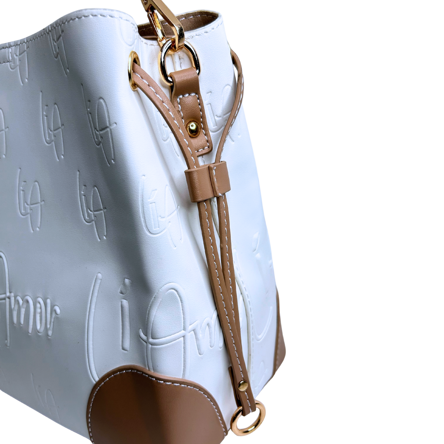 Li Amor white and mocha bucket bag.