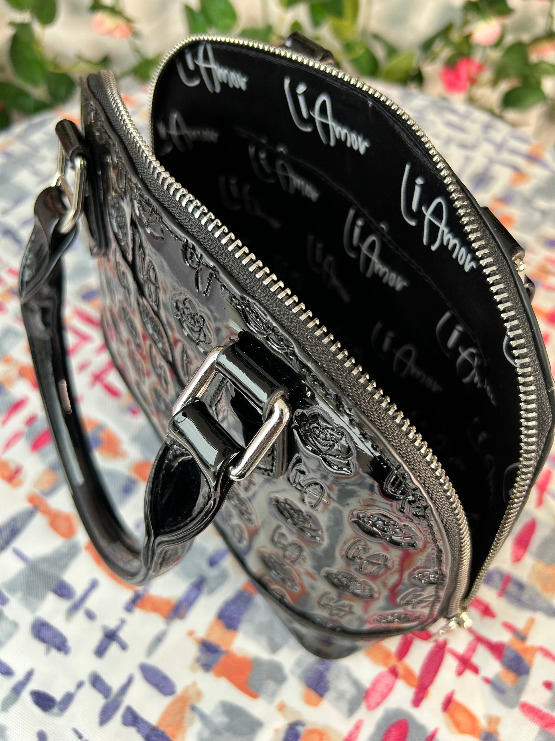 Li Amor Black Patent Leather Rose Purse with Lined Signature Logo