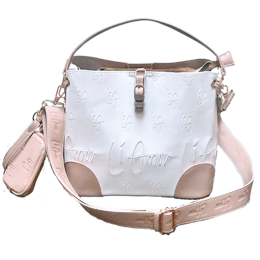Li Amor Butter Me Up Bucket Bag and coin Purse Set. Embossed and Debossed with the Li Amor Signature Logo.