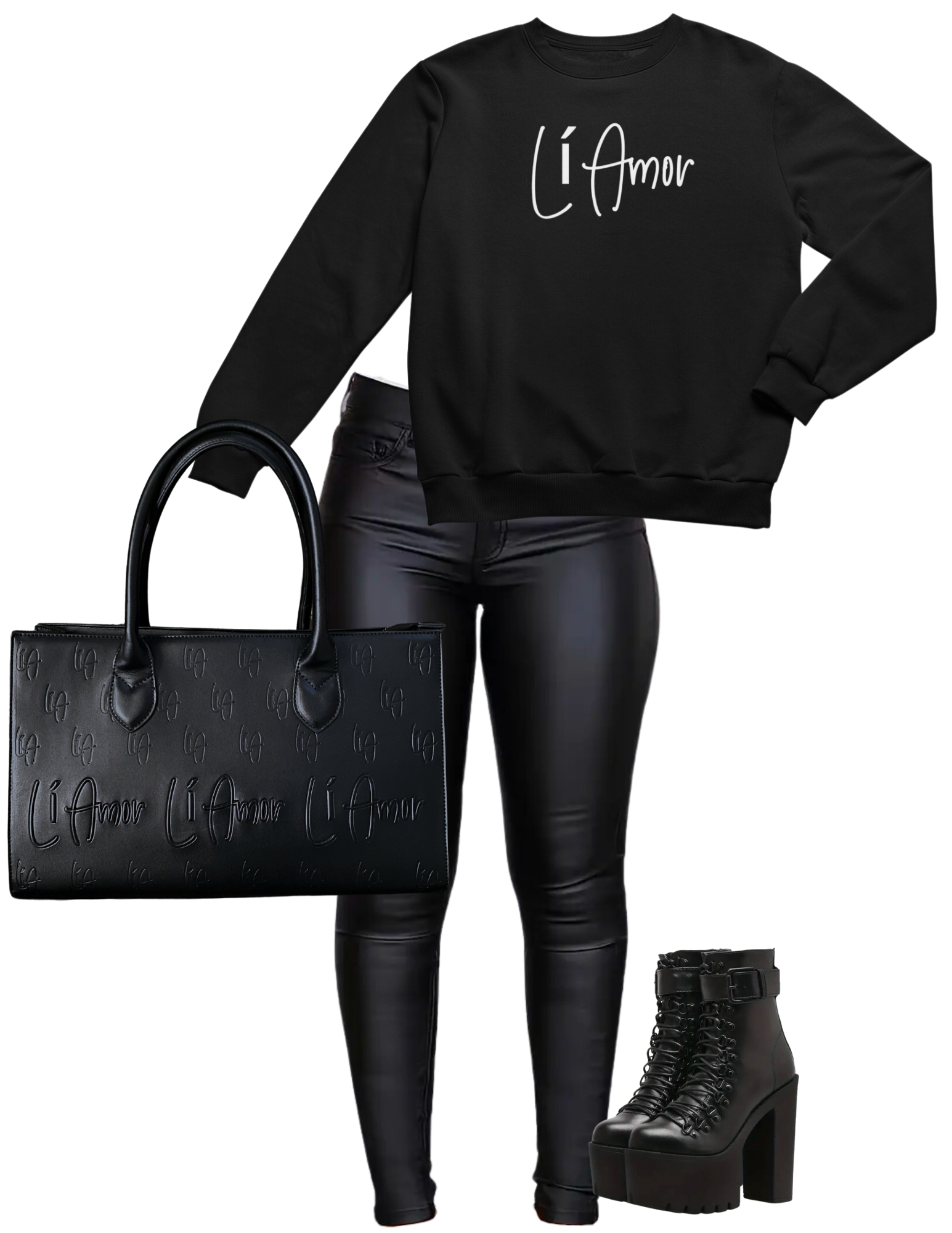 Black Li Amor Crewneck Sweatshirt with the white Li Amor logo paired with the black Li Amor BOSS Bag, black boots and black leather pants.