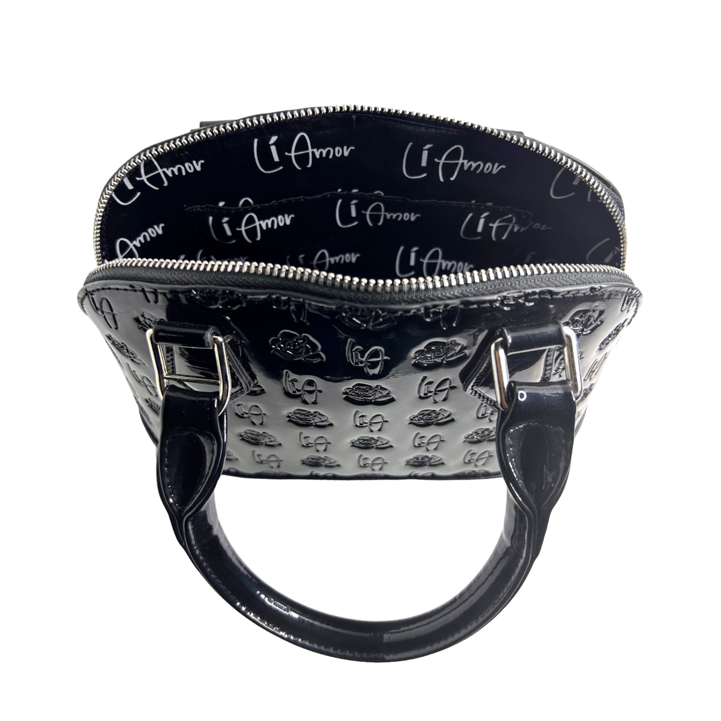 Li Amor shell shape, Patent Leather glossy black rose handbag. It's lined with the crisp white Li Amor logo on the inside.