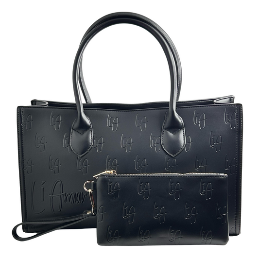 Li Amor embossed/debossed black vegan leather Messenger Bag & Wallet BOSS Set