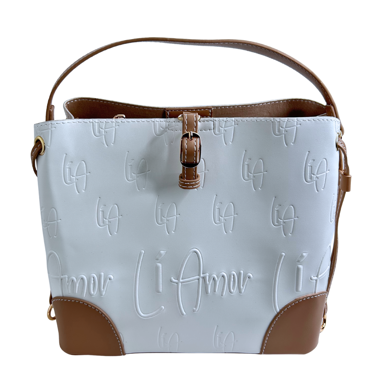 Li Amor embossed/debossed white and beige Butter Me Up bucket bag/handbag with gold hardware.
