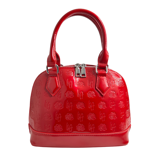 Li Amor small, shell shape, Patent Leather, glossy red Rose handbag with silver hardware