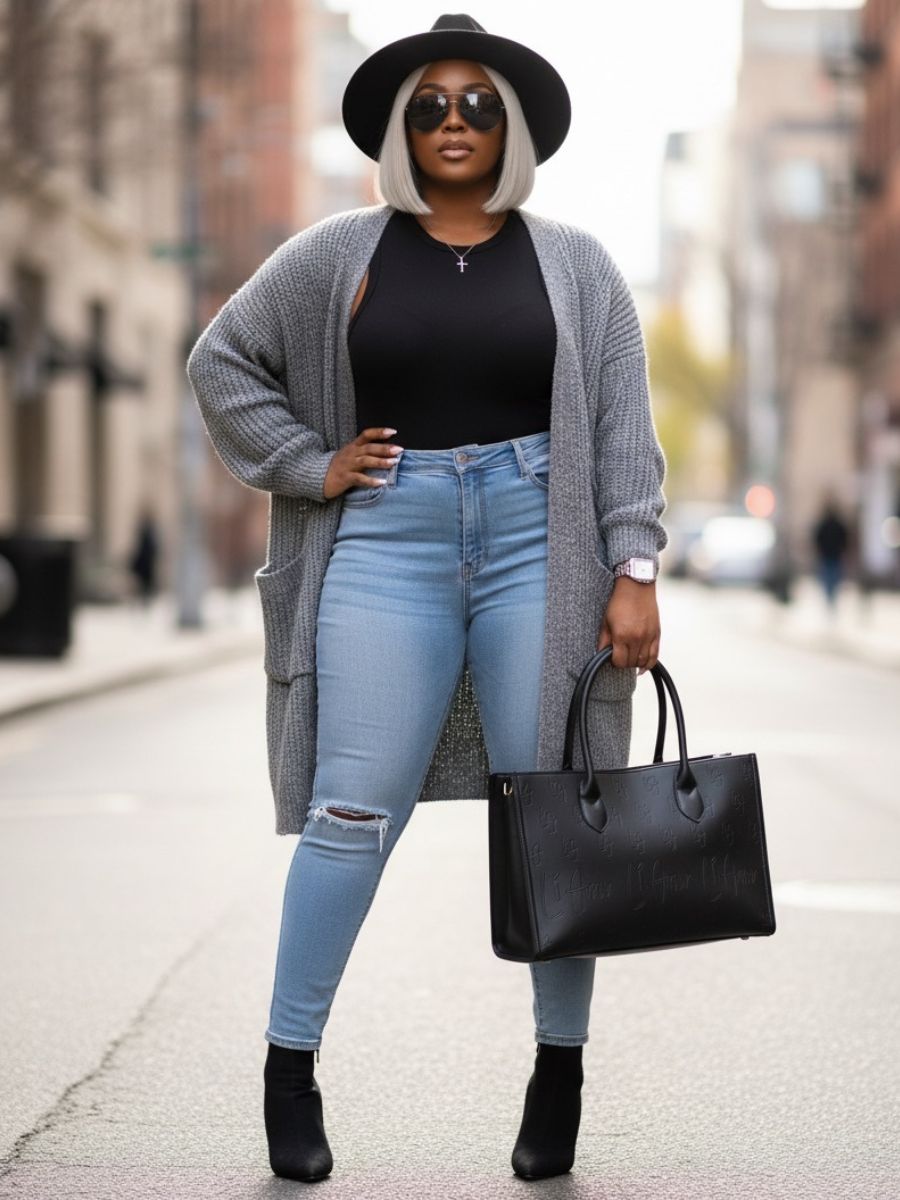 Li Amor woman model in a gray cardigan, black top, light blue jeans, and black boots. She's holding the black Li Amor large, messenger handbag on a city street.