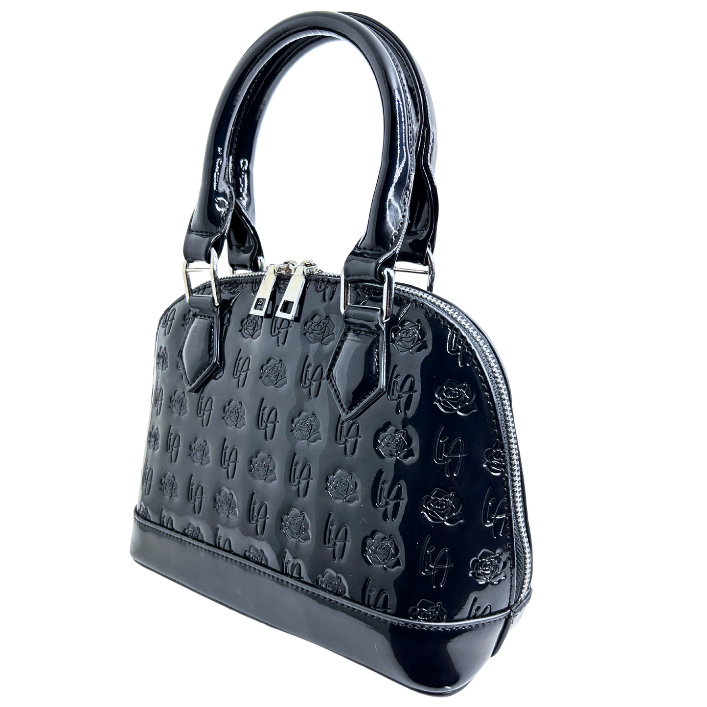 Li Amor shell shape, Patent Leather glossy black Rose handbag with silver hardware