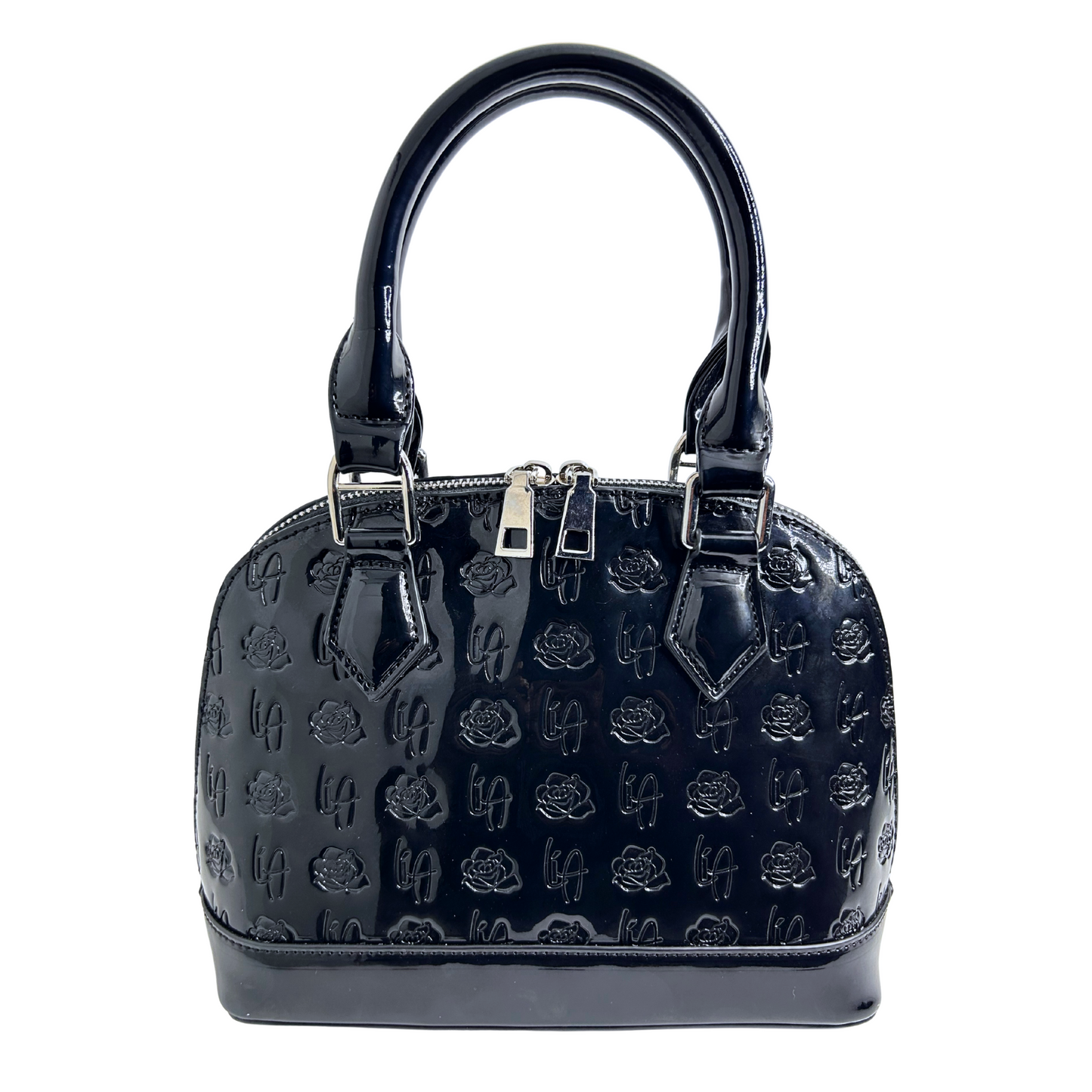 Li Amor shell shape, glossy Patent Leather Rose handbag with silver hardware. 