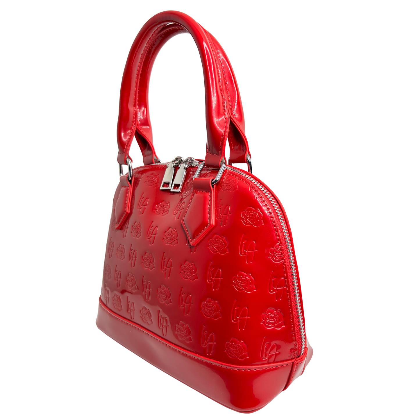 Li Amor shell shape, Patent Leather, glossy red Rose Purse with silver hardware