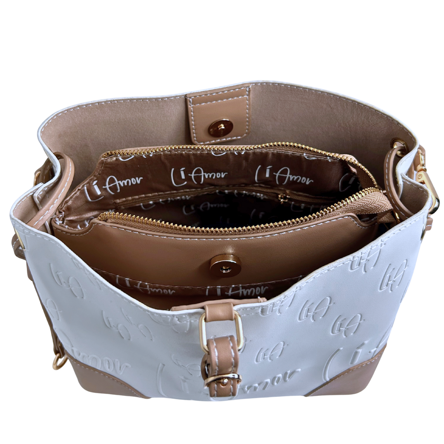 Li Amor white and beige bucket bag, showing the interior with the Li Amor logo in crisp white. The hardware is gold.