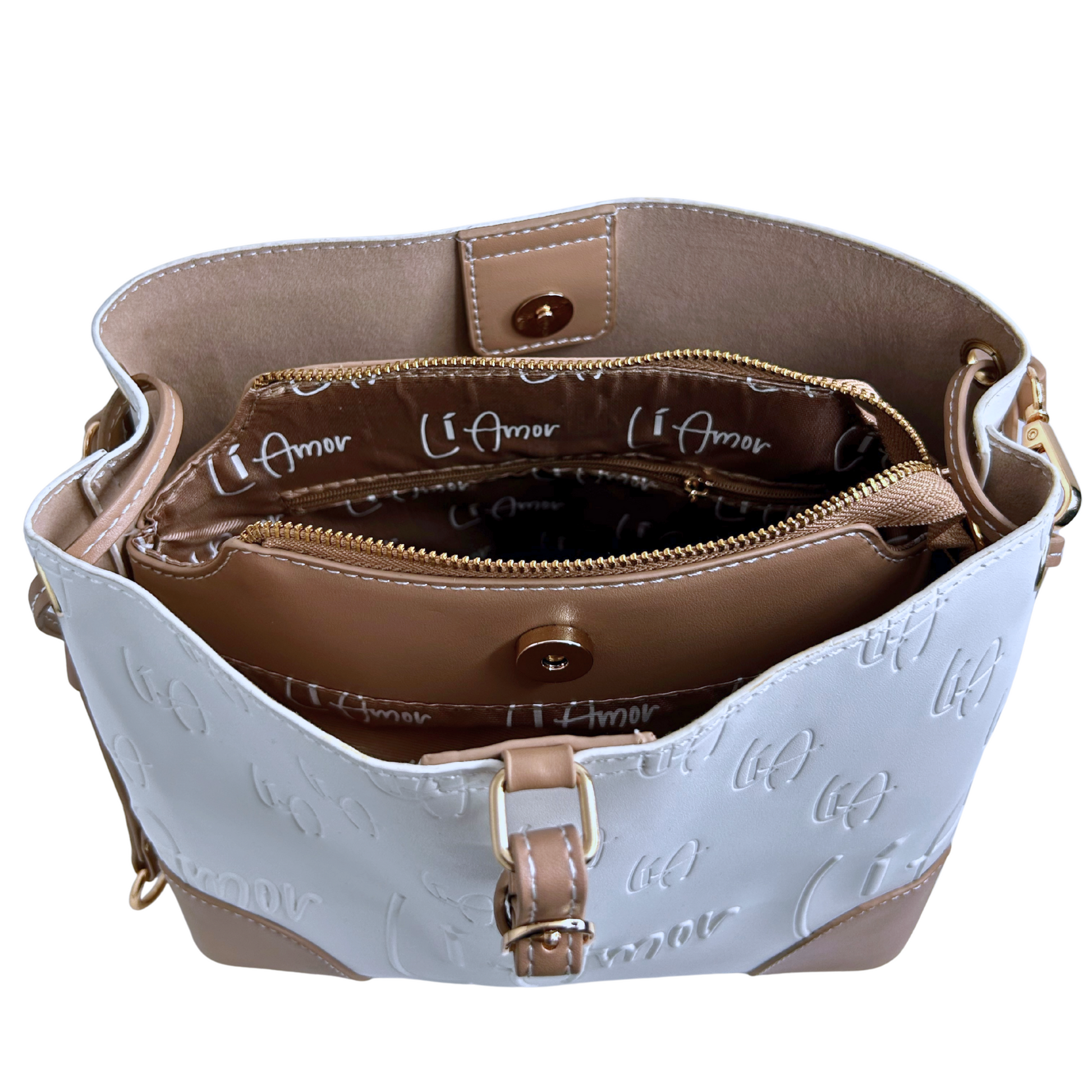 Li Amor white and beige bucket bag, showing the interior with the Li Amor logo in crisp white. The hardware is gold.