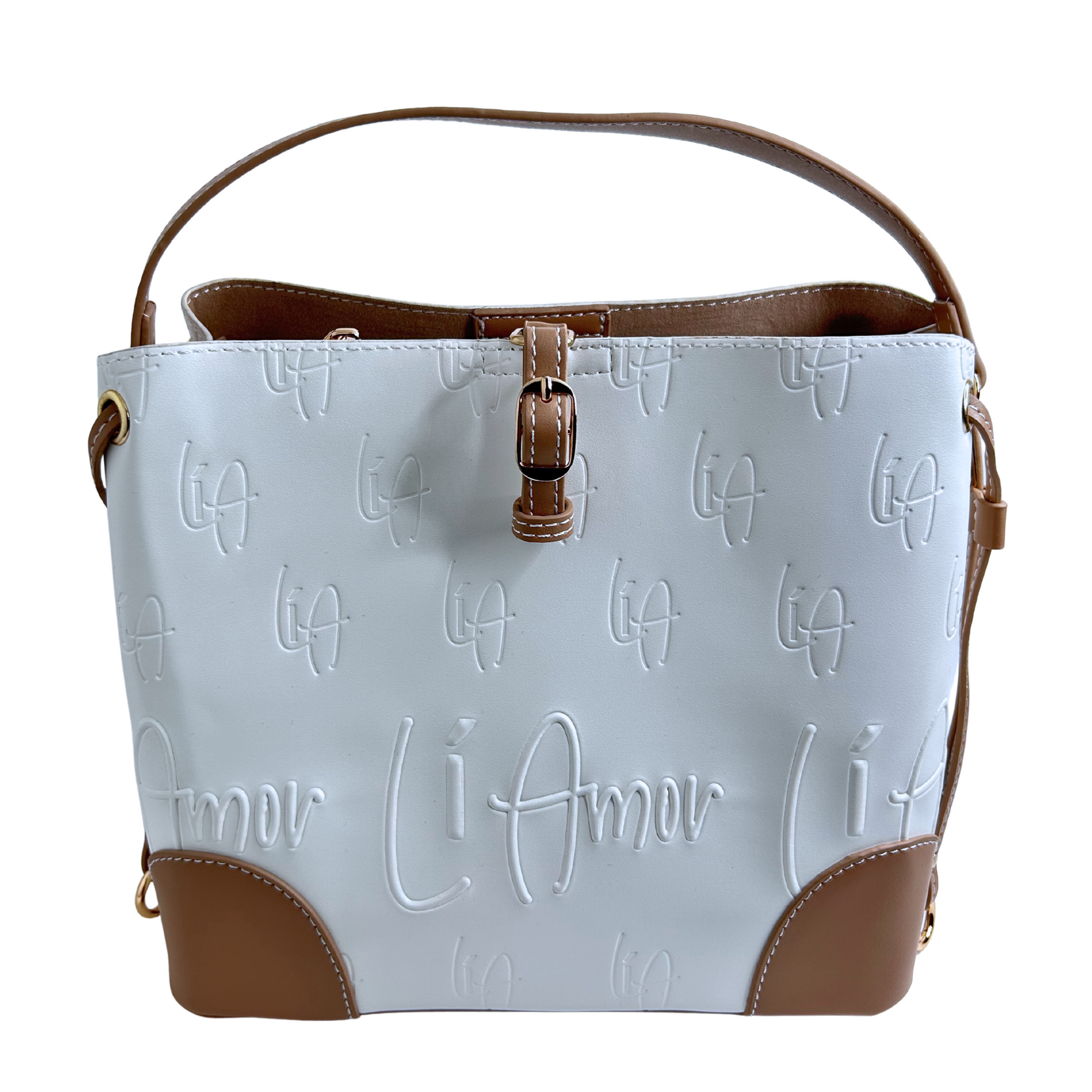 Li Amor white and mocha bucket bag.