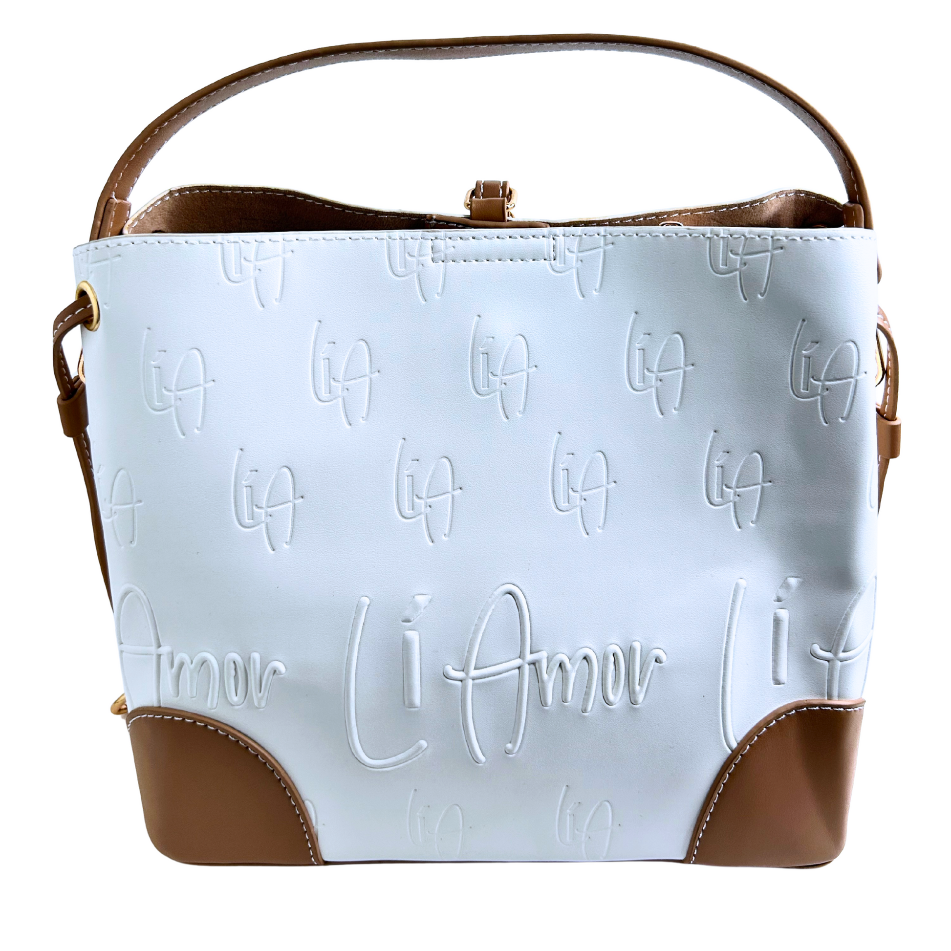 Li Amor white and mocha bucket bag.