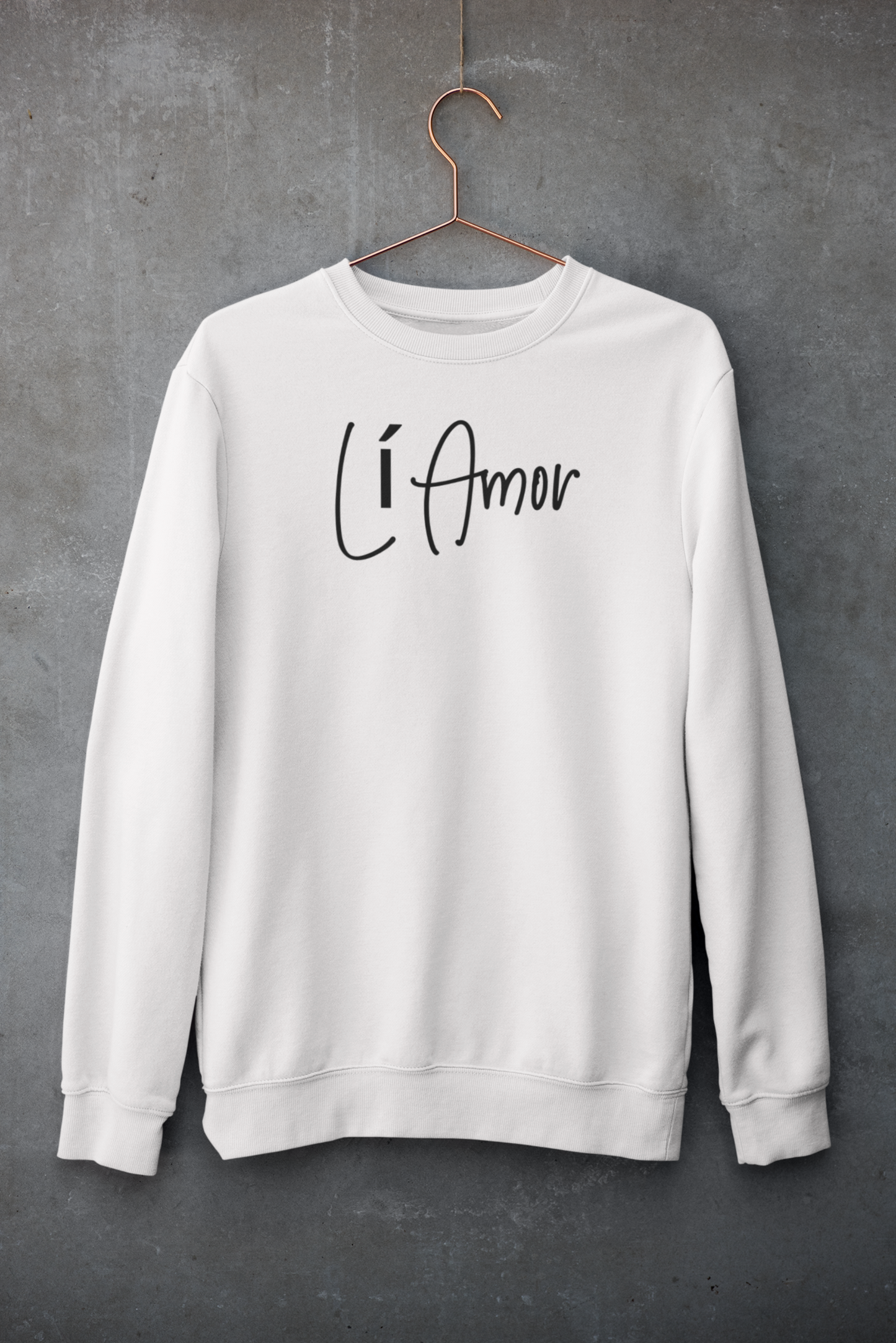 Li Amor white crewneck Sweatshirt with black Li Amor logo across the chest.